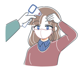 Obraz premium ベクター・検温してもらうお姉さんのイラスト・入り口で熱を測る・非接触体温計・笑顔マスク着用