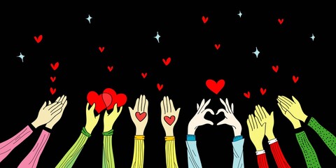 Obraz na płótnie Canvas hand drawn of hands up. hands clappinng. Concept of charity and donation. Give and share your love to people. hands gesture on doodle style , vector illustration