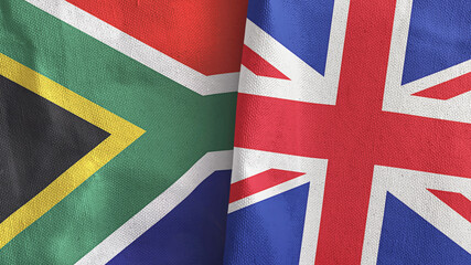United Kingdom and South Africa two flags textile cloth 3D rendering
