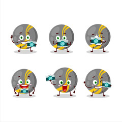Photographer profession emoticon with black stripes marbles cartoon character