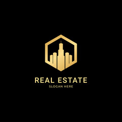Fototapeta premium Real Estate Business Logo Template, Building, Property Development, and Construction Logo Vector Design Eps 10 with luxury gold color