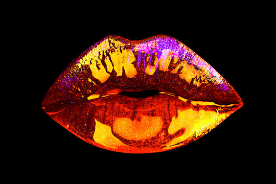 Sexy Plump Lip. Neon Rainbow Lipstick Colour, Gold Mouth. Isolated On Black Background.