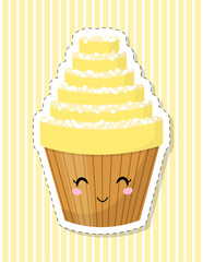 Cute cartoon cupcake character. Cake decorated with whipped cream. Sticker. Vector illustration.