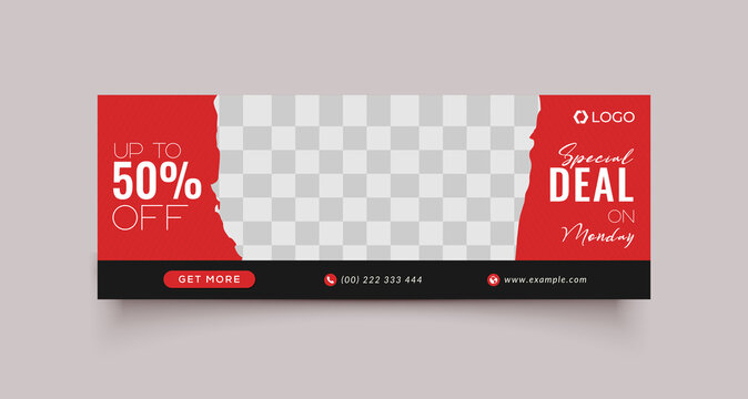 Sale facebook cover page timeline web ad banner template with photo place modern layout red background and white text design