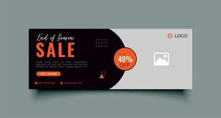 Sale facebook cover page timeline web ad banner template with photo place modern layout black background and orange shape and text design - obrazy, fototapety, plakaty