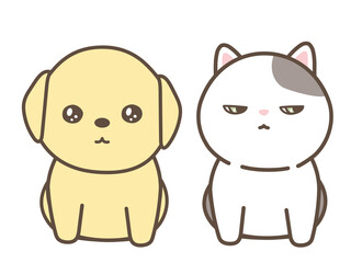 レトリーバーの子犬と猫　横並び