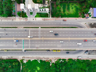 Transport junction traffic road with vehicle movement aerial view.