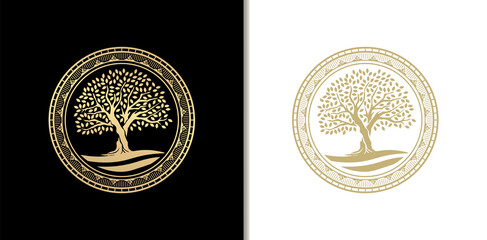 Luxury oak tree stamp, badge or circle frame logo with river, lake or water. Golden gradient color