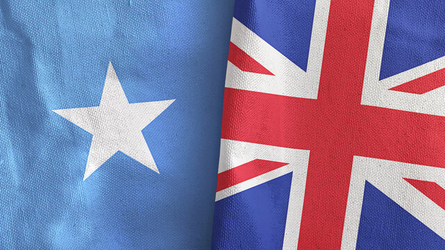 United Kingdom and Somalia two flags textile cloth 3D rendering