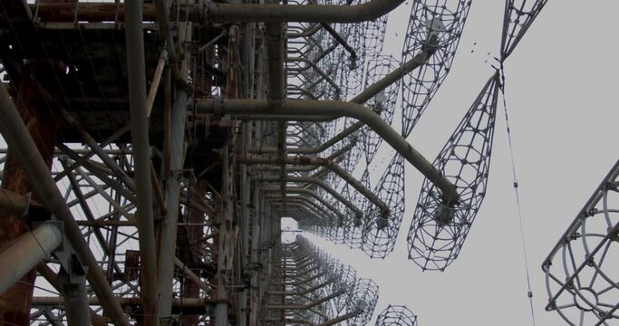 Close Up Detail Of Duga Antenna - Duga Radar Station In Chernobyl, Pripyat, Ukraine - pedestal shot (ascending)