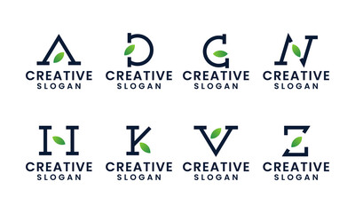set of nature initial letter logo design with leaf concept