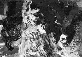 Painting, contemporary art. gray black and white gradient, gouache acrylic paint in monotype technique, abstract texture hand drawn background for your design.
