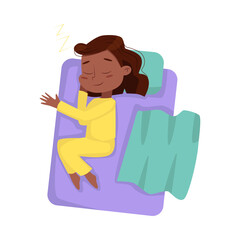 Cute African American Girl Sleeping Sweetly in her Bed, View from Above, Bedtime, Sweet Dreams of Adorable Kid Concept Cartoon Style Vector Illustration