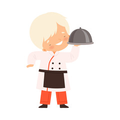 Cute Boy Holding Silver Cloche, Cute Little Chef Character in Uniform Cooking in the Kitchen Cartoon Style Vector Illustration