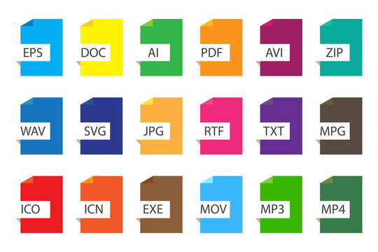 Colored file documents icons. Vector types of different file formats. A set of document extensions. Stock image. EPS 10