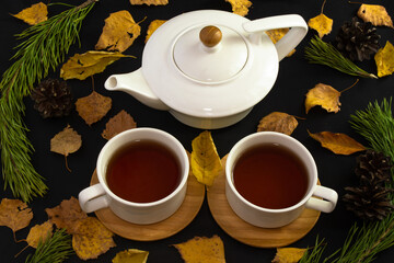 Two tea cups and teapot on black background with autumn leaves and pine branches, pine cones. Tea...