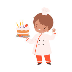 Cute Boy with Birthday Cake Dessert, Cute Little Chef Character in Uniform Cooking in the Kitchen Cartoon Style Vector Illustration