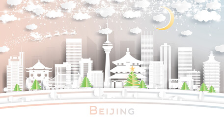 Beijing China City Skyline in Paper Cut Style with Snowflakes, Moon and Neon Garland.