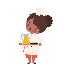 Cute Girl Holding Tray with Jug of Juice, Cute Little Chef Character in Uniform Cooking in the Kitchen Cartoon Style Vector Illustration