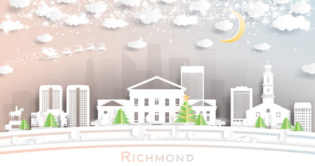 Richmond Virginia City Skyline in Paper Cut Style with Snowflakes, Moon and Neon Garland.