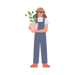 Woman Farmer Holding Plant in Pot, Female Agricultural Worker Gardener Character in Overalls Growing Plants Cartoon Style Vector Illustration