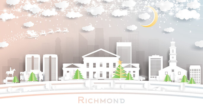 Richmond Virginia City Skyline In Paper Cut Style With Snowflakes, Moon And Neon Garland.