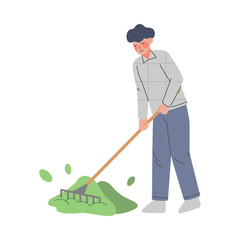 Man Farmer Using Rake, Male Agricultural Worker Gardener Character in Overalls Working on Farm, Eco Farming Concept Cartoon Style Vector Illustration