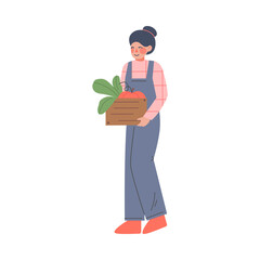 Woman Farmer Harvesting Vegetables, Female Agricultural Worker Gardener Character in Overalls Working on Farm, Eco Farming Concept Cartoon Style Vector Illustration