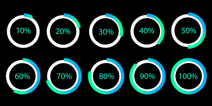 Vector pie chart of percentage loading. Progress process on a black background. A set of circular loaders. Stock image. EPS 10