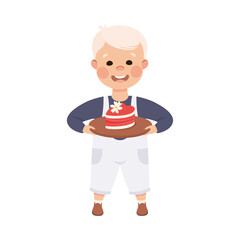 Cute Boy Holding Cake in Shape of Heart, Adorable Child Character with Romance Feelings Symbol, Happy Valentines Day Concept Cartoon Vector Illustration
