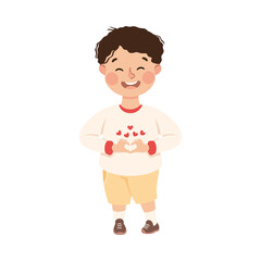 Cute Boy Making Heart Sign Gesture, Adorable Child Character Showing Romance Feelings Symbol, Happy Valentines Day Concept Cartoon Vector Illustration