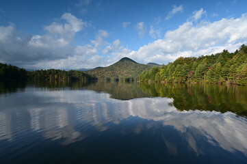 Autumn landscape reflections on Lake Santeetlah, North Carolina.
