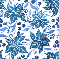 Floral seamless pattern. Poissentia flowers, berries, leaves, curls. Gouache-drawn illustration. Design for fabric, textile, packaging, wallpaper.
