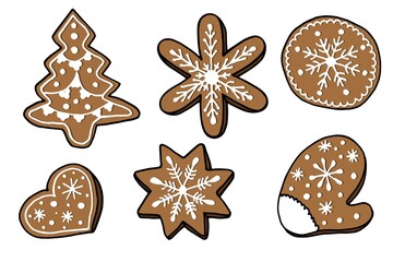 Gingerbread set. Christmas treat. White background, isolator. Stock illustration.