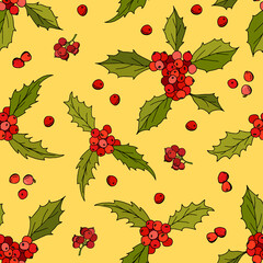 Christmas Holly. Seamless pattern with holly berries. Endless textures for your design.