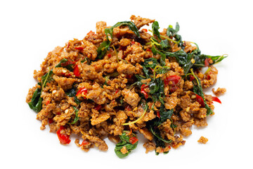 Thai food. Stir-fried minced pork with basil leaves on white