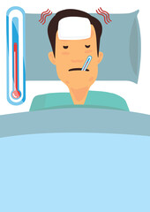 Sick man lying in bed with thermometer in mouth covered in blanket measuring temperature