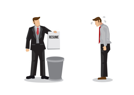 Recruiter Throwing Away The Resume Of A Job Applicants. Concept Of Rejection, Depression And The Poor Job Market. Vector Illustration.