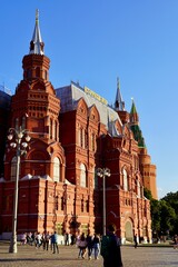 Moscow, Russia - August, 2020 : The Red Tower of the Historical Museum in the heart of the Russian capital, Beautiful sights of the capital