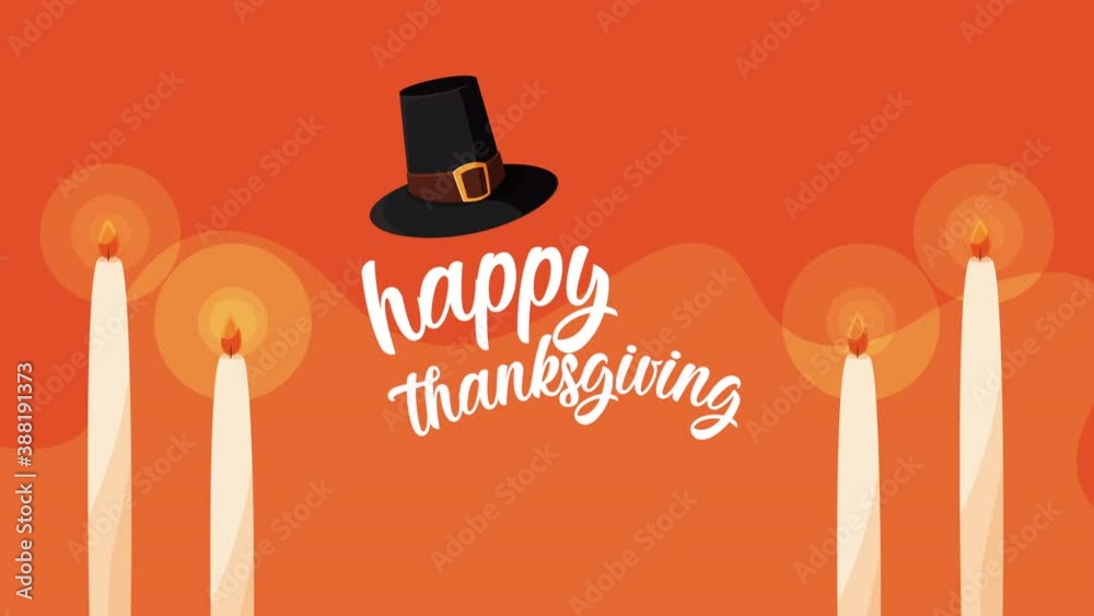 Wall mural happy thanksgiving day animation lettering with candles and pilgrim hat