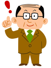人差し指を立てるスーツを着た眼鏡の中年男性_全身
