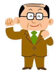 充実した笑顔のスーツを着た眼鏡の中年男性_全身
