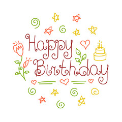 Happy Birthday. Hand-drawn line doodle print for a balloon or t-shirt. Hearts, cake, stars and flowers for girls