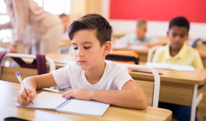 Portrait of focused tween boy writing exercises in workbook in classroom during lesson in elementary school