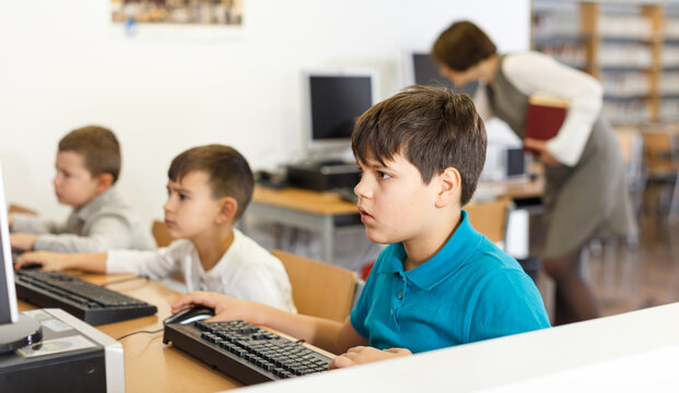 Portrait of serious tween boy during lesson in computer room of school library ..
