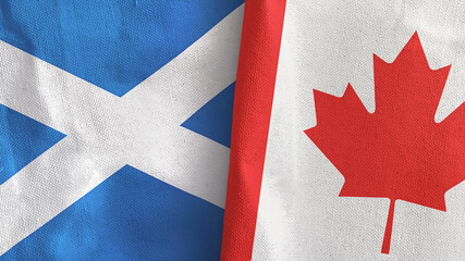 Canada and Scotland two flags textile cloth 3D rendering