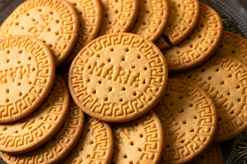 Close up of Marie biscuits. Modern cookies concept.