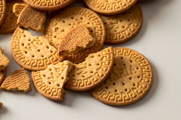 Close up of Marie biscuits, type of rich tea biscuits on the table