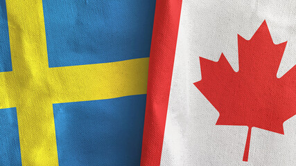 Canada and Sweden two flags textile cloth 3D rendering