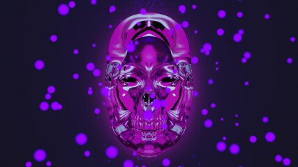 Totenkopf in pinken Farben, teils verschwommen, im Vordergrund schweben Partikel